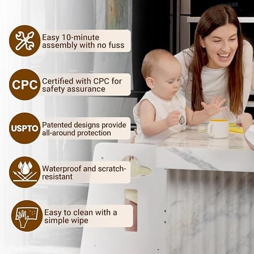 COSYLAND Toddler Standing Tower Adjustable Height - Super Stable Kids Kitchen Stool Helper - 3 Levels Adjustable Wooden Toddler Kitchen Stool (Natural & White) thumbnail 7