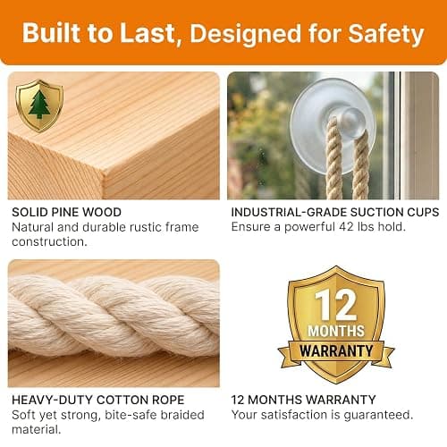 Cat Window Perch with Industrial-Grade Suction Cups - Solid Pine Wood Hammock Bed, Soft Cushion - 42 lb Capacity for Cats Inside thumbnail 5