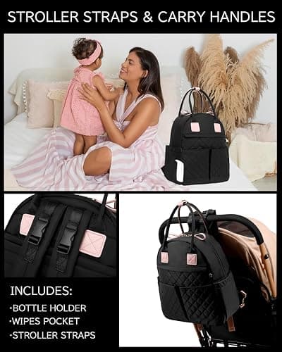 LORADI 18 Pockets Large Diaper Bag Backpack with Waterproof Pockets and Stroller Buckle, Convertible Baby Bag (Black-pink, Medium) thumbnail 5