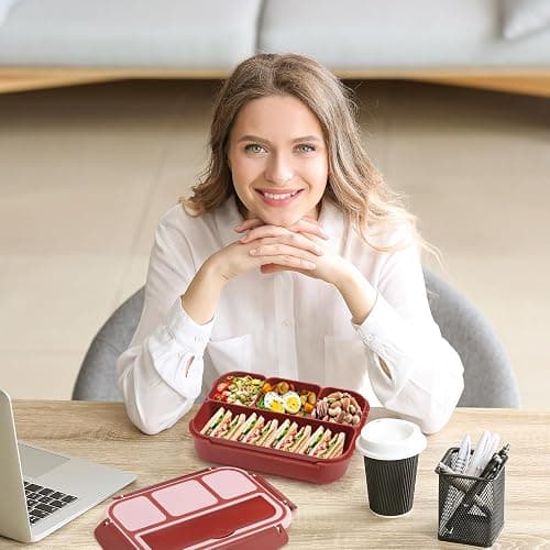 shell and turtle Bento Box Adult Lunch Box, Lunch Containers for Kids Girls Boys with 4 Compartments, Lunchable Food Container with Utensils, Sauce Jar, Muffin Liners, 40 Oz/5 Cup, Retro Red thumbnail 2