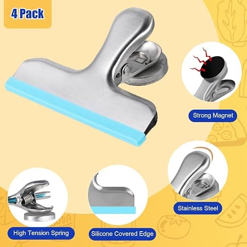 HOUSE AGAIN 4 Pack Stainless Steel Magnetic Chip Bag Clips Covered with Silicone - NO More Sharp Edges - Color Coded for Food Bags - Hang Postcards Heavy Duty for Kitchen and Office, 3 Inches Wide thumbnail 3