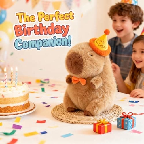 Wonfirang Capybara Plush with Birthday Hat, Kawaii Capybara Doll Stuffed Birthday Gifts Party Decoration, Cute Plush Toy for Girls Cartoon Fans thumbnail 2