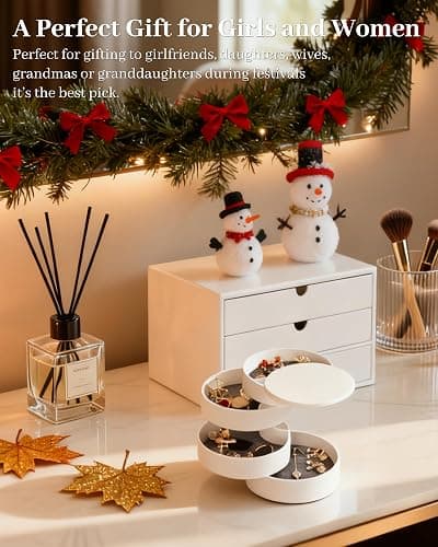 CONBOLA Jewelry Organizer, Small Jewelry Storage Box Earring Holder for Women, 5-Layer Rotating Travel Jewelry Tray Case with Lid for Bracelets Rings Bracelets, Gift for Women Teen Girls(White) thumbnail 3