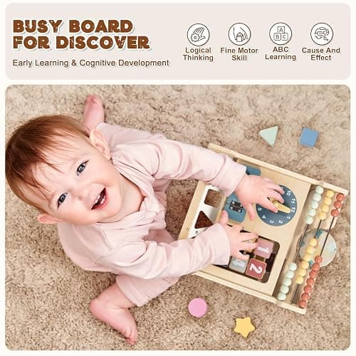 LOL-FUN Wooden Baby Walker with Double-Sided Busy Board, Push Walker for Baby with Adjustable Speed Wheels, Activity Learning Walker for Boys 12 Months thumbnail 5