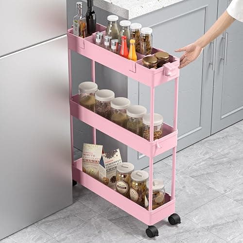SPACELEAD Slim Storage Cart 3 Tier,Bathroom Organizer Rolling Utility,Mobile Shelving Unit Slide Out for Office, Kitchen, Laundry Room & Narrow Places,Pink - Pink thumbnail 4