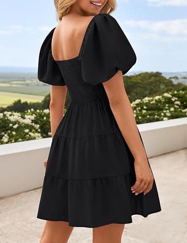 ZESICA Women's Boho 2025 Summer Square Neck Puff Sleeve Off Shoulder Smocked Tiered Casual A Line Short Mini Dress thumbnail 3