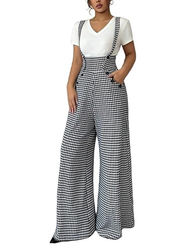 Milumia Women's Houndstooth Overalls Wide Leg Jumpsuit Suspender Pants | One Piece Jumpsuits, With Pockets, Baggy, Sleeveless, Going Out Outfits, Spring Fall, Plaid Romper thumbnail 2