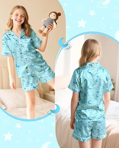 Sylfairy Girls Pajamas Silk PJS Set Pink Bow Satin Sleepwear Short Sleeve Jammies for Kids Button-Down Nightwear size 7-14 thumbnail 2