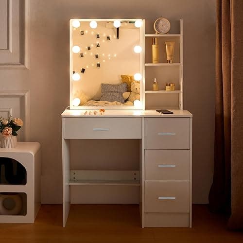 Teousev Vanity Desk with Lighting and Mirror,Small Vanity with 4 Drawers 6 Storage Shelves 3 Lighting Colors for Gilrs Vanity,White,31.5" L*14.2" W*51.2" H thumbnail 4