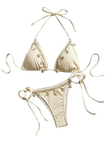 Verdusa Women's 2 Piece Sexy Halter Triangle Bikinis Thong Tie Boho Seashell Bikini Sets Swimsuits Swim Bathing Suit - Image 1