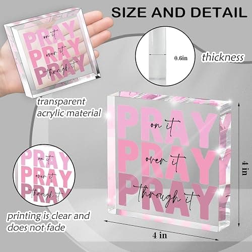 zaxek Pink Inspirational Decor Pray Over It Bible Verse Wall Art Christian Gifts for Women, 4x 4 Inches Office Desk Accessories Decor Sign, Pink Dorm Room Decor for Women - Pray on it Pray through it - Modern thumbnail 3