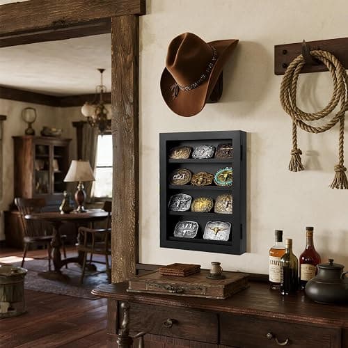 3" Belt Buckle Display Case 16×12 Black Shadow Box with Glass Door – Wall-Mounted Belt Buckle Holder & Display Frame for Collectibles – Home Décor Picture Frame (For belt buckles under 3" in height only) thumbnail 2