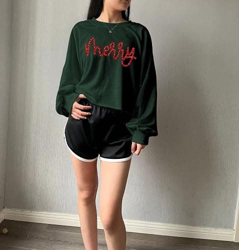 Nakater Women's Funny Christmas Graphic Crop Sweatshirts Xmas Holiday Party Casual Lantern Long Sleeve Pullover Tops thumbnail 2