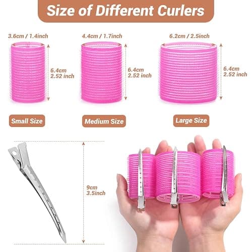 Self Grip Hair Rollers Curlers Set - 24 Pieces with 3 Sizes (4 Jumbo, 4 Large, 4 Medium) and 12 Clips for Volume on Long, Short, Thick, or Fine Hair - 24 Pieces Rose Red Set thumbnail 6