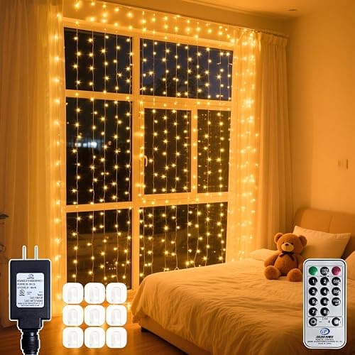 Soagrc 300 LED Warm White Curtain String Lights 9.8x9.8FT, Plug in Fairy Lights with 9 Hooks, Dimmable, Timer & 8 Modes, IP44 Waterproof, Bedroom Wall Wedding Backdrop Christmas Indoor Outdoor Decor - Image 1