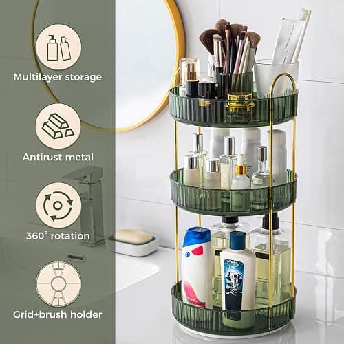 360° Rotating Makeup Organizer, Upgraded 3 Tier Skincare Perfume Organizers for Women, Bathroom Organizer Countertop, Clear Cosmetic Dresser Organizer with Makeup Brush Holder, Sink&Counter (Green) thumbnail 6