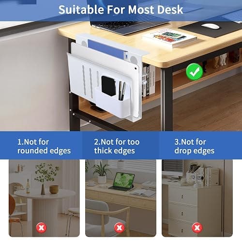 LUKETURE Desk Side Storage, Steel Side Desk Organizer, No Drill Laptop Holder, Clamp on Laptop Mount with Pen Holder, Table Hanging Storage for Home Office, Fits Flat Edge Tables 0.3" to 2.8" thumbnail 5