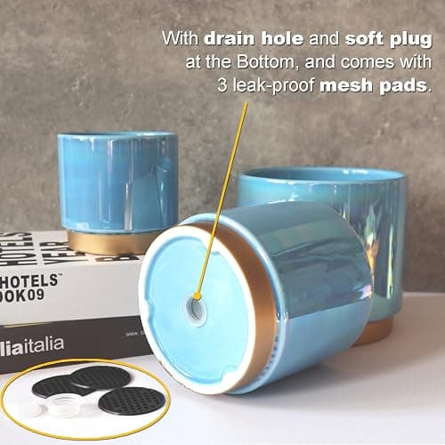 Gepege Ceramic Pots for Plants, Rainbow Pearl Glaze Planter with Drainage Hole, 6.0 inch+5.0 Inch+4.0 Inch. Indoor-Outdoor Large Round Succulent Orchid Flower Pot - 6+5+4inches - Blue thumbnail 4