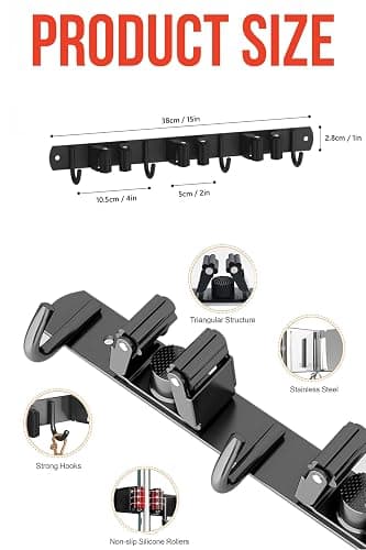 FODARSAI Mop and Broom Holder Wall Mount, Upgraded Broom Hanger Wall Mount, Stainless Steel Broom Organizer for Closet Garage Laundry Room Kitchen Wall Decor(3Racks 4Hooks Black) thumbnail 2