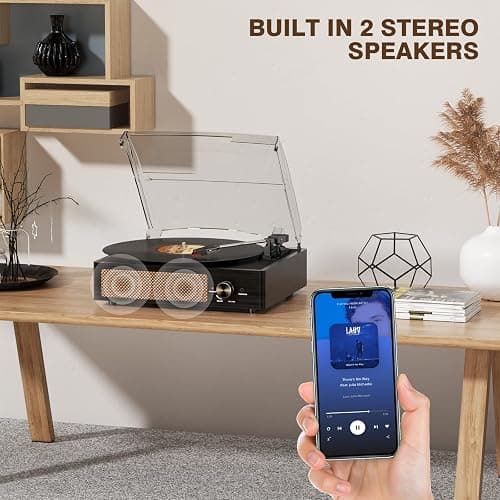 Record Player for Vinyl with 2 Build-in Speakers LP Vinyl Players Belt-Driven Vintage Turntables 3 Speed 3 Size, Wireless Bluetooth Playback, AUX-in, RCA Out, Headphone, Auto Stop thumbnail 6