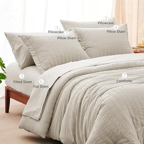 CozyLux Queen Comforter Set Beige Seersucker 7 Pieces Bed in a Bag Queen Comforter Set with Sheets, Luxury Soft Bedding Set with Down Alternative Comforter, Sheets, Pillowcases & Shams for All Seasons thumbnail 6