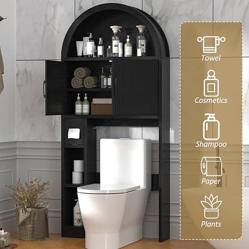 OUTGUAVA Over The Toilet Storage Cabinet, Bathroom Organizer Over Toilet, Arched Storage Organizer Cabinet with Anti-Tip Device and Adjustable Shelf for Washroom Laundry and Restroom, Black thumbnail 3