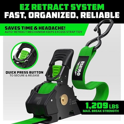 Rhino USA Retractable Ratchet Straps (4-Pack) - 1 Inch x 10 Feet (1,209lb Break Strength) - Auto Self Retracting Tie Down Straps for Truck, Cargo Trailer, Motorcycle, ATV, UTV - Green thumbnail 2