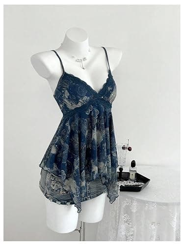 Verdusa Women's Y2K Babydoll Tops Lace Sequin Going Out Top V Neck Camisole Ruffle Peplum Shirts thumbnail 7