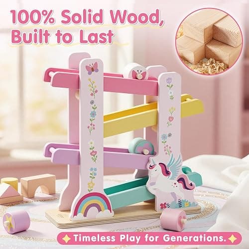Lehoo Castle Wooden Car Ramp Toys for 1 Year Old Girl Birthday Gifts, Unicorn Montessori Toys for One Year Old, Wooden Race Track with 4 Rollers Toddler Toys for 2 Year Old Girl thumbnail 6