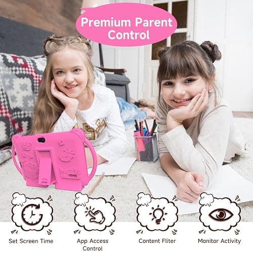PEICHENG Kids Tablet 7 inch Android 12.0 for Toddler, 4GB RAM 32GB ROM Bluetooth IPS Screen Parental Control Dual Camera Shockproof Case for Educational Games, (Pink) thumbnail 3