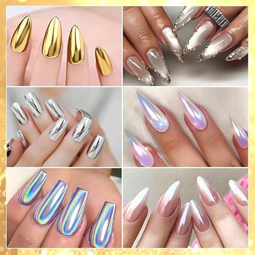 6 Colors Chrome Nail Powder,Gold Silver Super Metallic Effect Chrome Powder for Nails,Holographic Mirror Glitter White Pearl Pigment Dust Kit for Gel Polish Nail Art Decoration Manicure Nail Supplies thumbnail 3