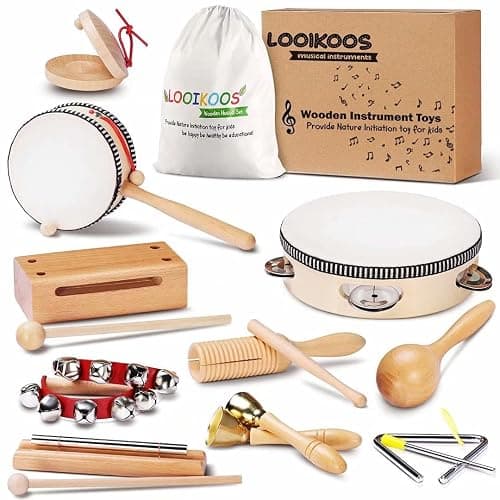 LOOIKOOS Toddler Musical Instruments Montessori Natural Wooden Percussion Instruments for Kids Preschool Educational Musical Toys Set for Boys and Girls with Storage Bag - Image 1