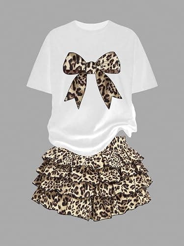 xueteox Summer Outfits for Girl 2 Piece, Bow Graphic Tees and Leopard Short Skirt Fashion Casual Clothing thumbnail 2