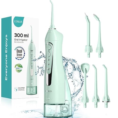 COSLUS Water Dental Flosser Teeth Pick: Portable Cordless Oral Irrigator 300ML Rechargeable Travel Irrigation Cleaner IPX7 Waterproof Electric Flossing Machine for Teeth Cleaning C20(F5020E) Green - Image 1