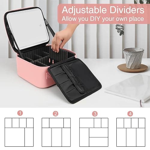 Relavel Travel Makeup Bag With LED Mirror Portable Travel Makeup Organizer 3 Color Adjustable Brightness Waterproof Cosmetic Train Case with Removable Dividers Makeup Storage for Women, Pink thumbnail 4