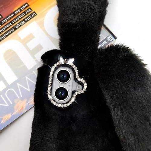 Bonitec Compatible with iPhone 16 Faux Rabbit Case, Bling Fur Case For Girls Luxury Cute Warm Handmade Faux Rabbit Bunny Furry Fuzzy Fluffy Soft 3D Ear Hair Plush Protective Case Cover for Women thumbnail 4