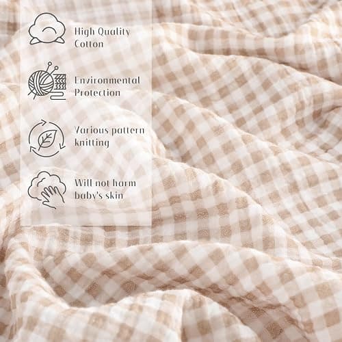 Breling 2 Pcs Muslin Khaki and Khaki Gingham Crib Sheets Netural, 52"X 28" | Soft Breathable Brown Plaid 100% Cotton Baby Standard Mattress Cover, Fitted for Girl Boy Nursery Mattress, Washable thumbnail 5