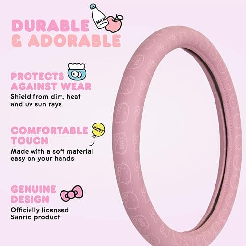 Sanrio Hello Kitty Pink Car Steering Wheel Cover, Universal Fit Cute Car Accessories for Women Stylish Decor Gifts Hello Kitty Accessories - Fits Standard Wheels 14.5"-15" - Hello Kitty Pink thumbnail 3