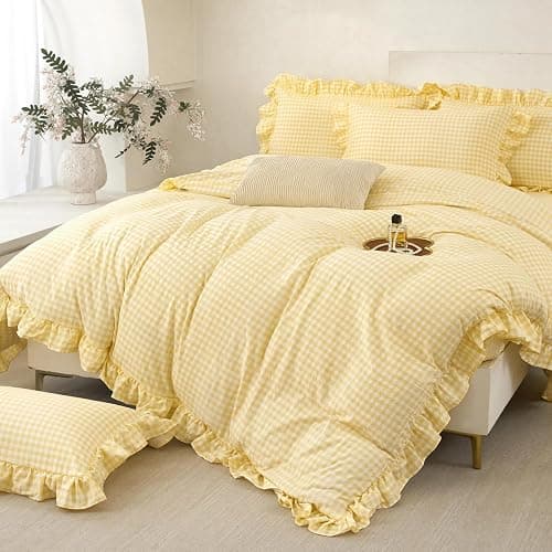 SUCSES Yellow Gingham Ruffle Comforter Set for Kids Twin 5 Pieces Ruffled Plaid Bedding for All Seasons Soft Lightweight Grid Printed Bed Comforter Sets (Yellow Gingham, Twin) - Image 1