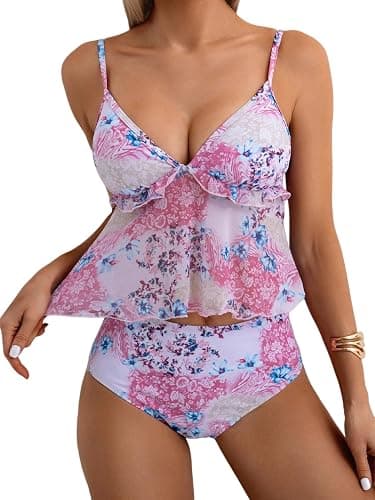 ZAFUL Tankini Swimsuits for Women V Neck Ruffle Floral Tummy Control Bikini Swimsuit 2 Pieces High Cut Bathing Suit - Image 1