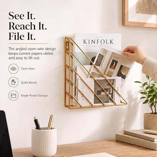 Home Office Magazine Rack, 2 Pack Wall File Organizer with 4 No-Drill Adhesive Hooks, Gold Metal Wall Mounted Magazine Holder for Mail, Folders, Papers and Reading Materials in Entryway, Living Room thumbnail 6