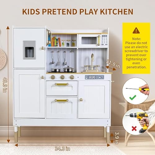 Arlopu Play Kitchen for Kids, Wooden Toy Toddler Kitchen Sets, Sturdy Pretend Cooking Playset with Storage & Accessories, Realistic Light & Sound, Stove, Fridge, Microwave, Removable Sink (White) - Image 1