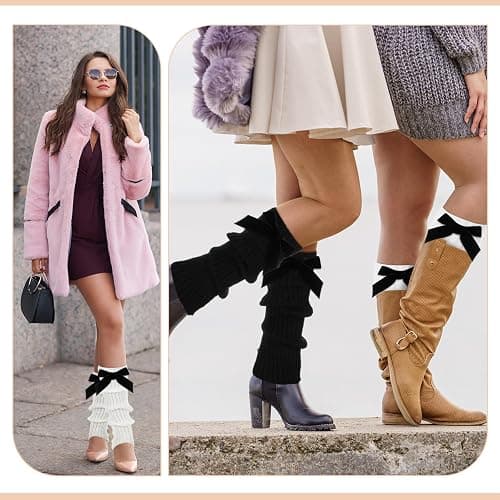 Geyoga 4 Pairs Winter Velvet Bow Leg Warmers for Women Warm Leg Warmer Kawaii 80s Y2k Coquette Japanese Knitted Boot Socks thumbnail 6
