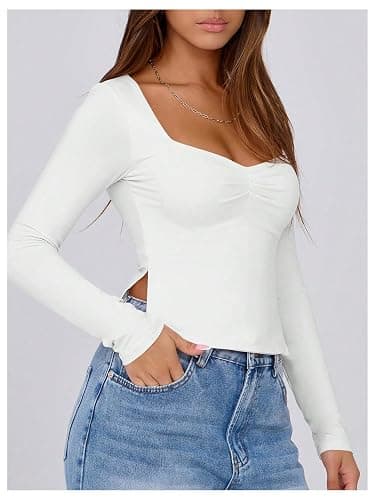 Verdusa Women's Y2K Long Sleeve Crop Tops Ruched Sweetheart Neck Side Slit Fitted T Shirts thumbnail 4