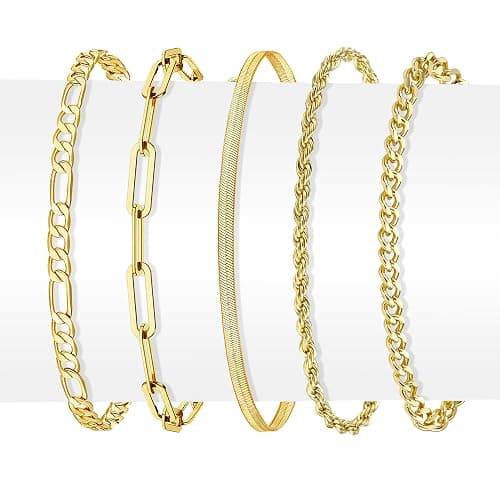 14K Gold Chai14K Gold Chain Bracelets Set for Women, Dainty Paperclip Link Bead Stackable Layered Bracelets Metal Fashion Jewelry thumbnail 7