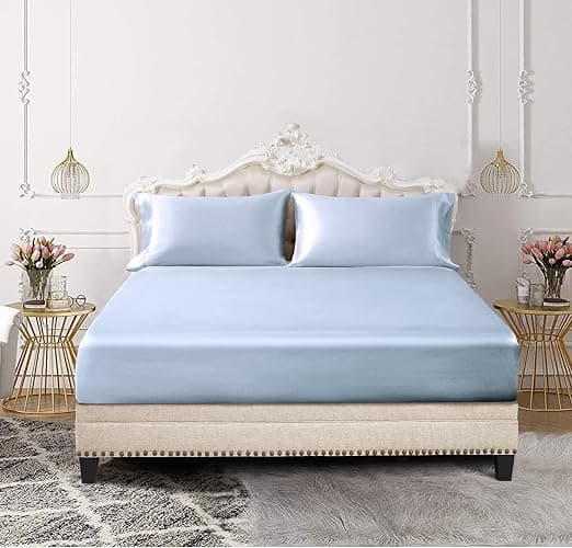 SiinvdaBZX 3-Piece Set Satin Twin XL Fitted Sheet & 2 Pillowcase, Baby Blue Silky Soft Fitted Bottom Sheet Twin Extra Long Bed Sheets, Wrinkle Free, Fade Resistant (Deep Up to 15") thumbnail 2