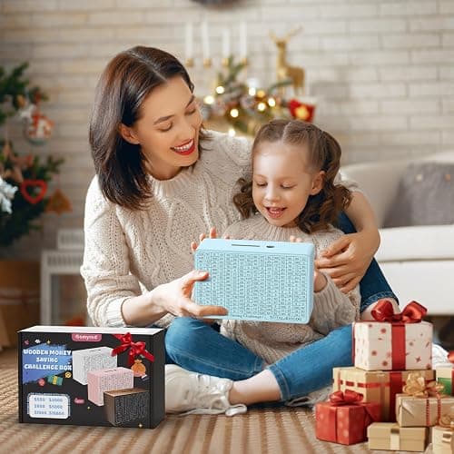 Wooden Money Saving Box, Cash Vault Savings Box for $10000 $5000 $3000 $1000 $800 $500 Target Money Saving Challenge, Reusable Money Box with Counter, Dry Erase Pen/Savings Trackers/Rubber Band-Blue thumbnail 2