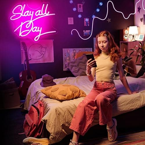 Teen Girl Gifts, Slay All Day Neon Sign Pink Aesthetic Slay LED Lights and USB Powered Bright Dimmable Funny Y2k Signs for Teenage Preppy Dorm Room Women Bedroom Downtown Coquette Room Wall Decors thumbnail 8