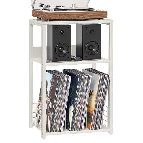 LELELINKY Large White Record Player Stand, 3 Tier 18" Wide Big End Table with Vinyl Storage Up to 130 Albums, Industrial Turntable Printer Tables, Modern Side Tables for Living Room, Bedroom, Office - Image 1