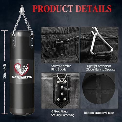 Vensmuste Punching Bag for Adults, 4FT Oxford Heavy Boxing Bag Set, Punching Bag with 12OZ Boxing Gloves, Chains, Hand Wraps, etc. Suitable for MMA Karate Kickboxing Boxing - Unfilled thumbnail 2